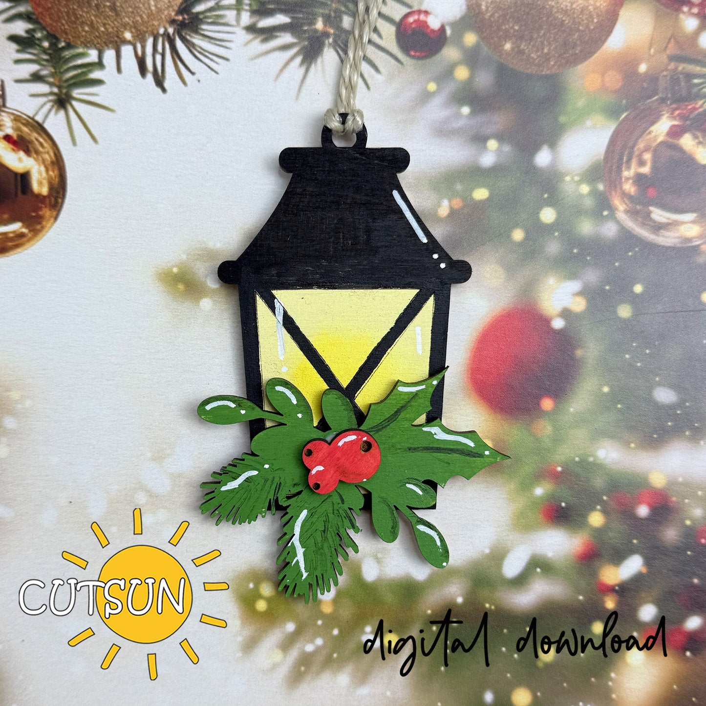 Lantern Christmas Ornament SVG | Pine Branches & Holly | Layered Laser Cut File