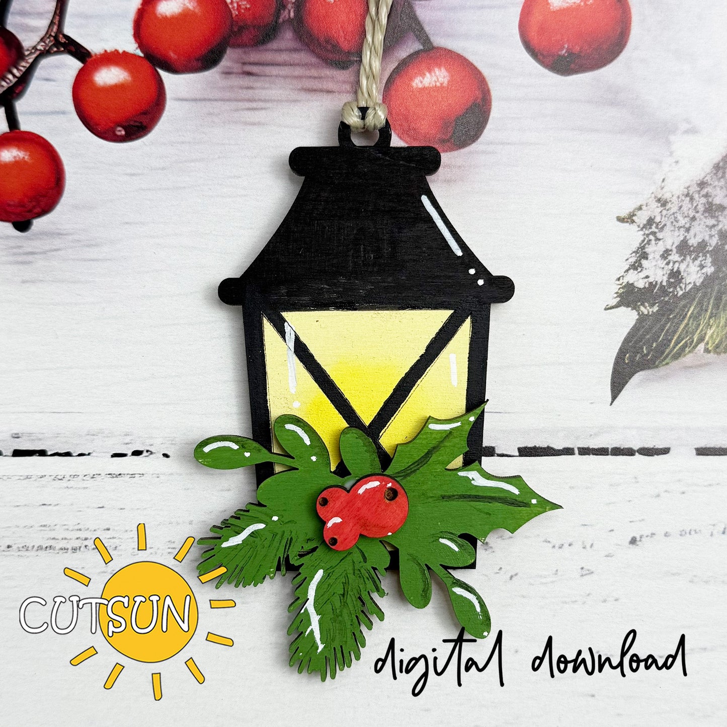 Lantern Christmas Ornament SVG | Pine Branches & Holly | Layered Laser Cut File