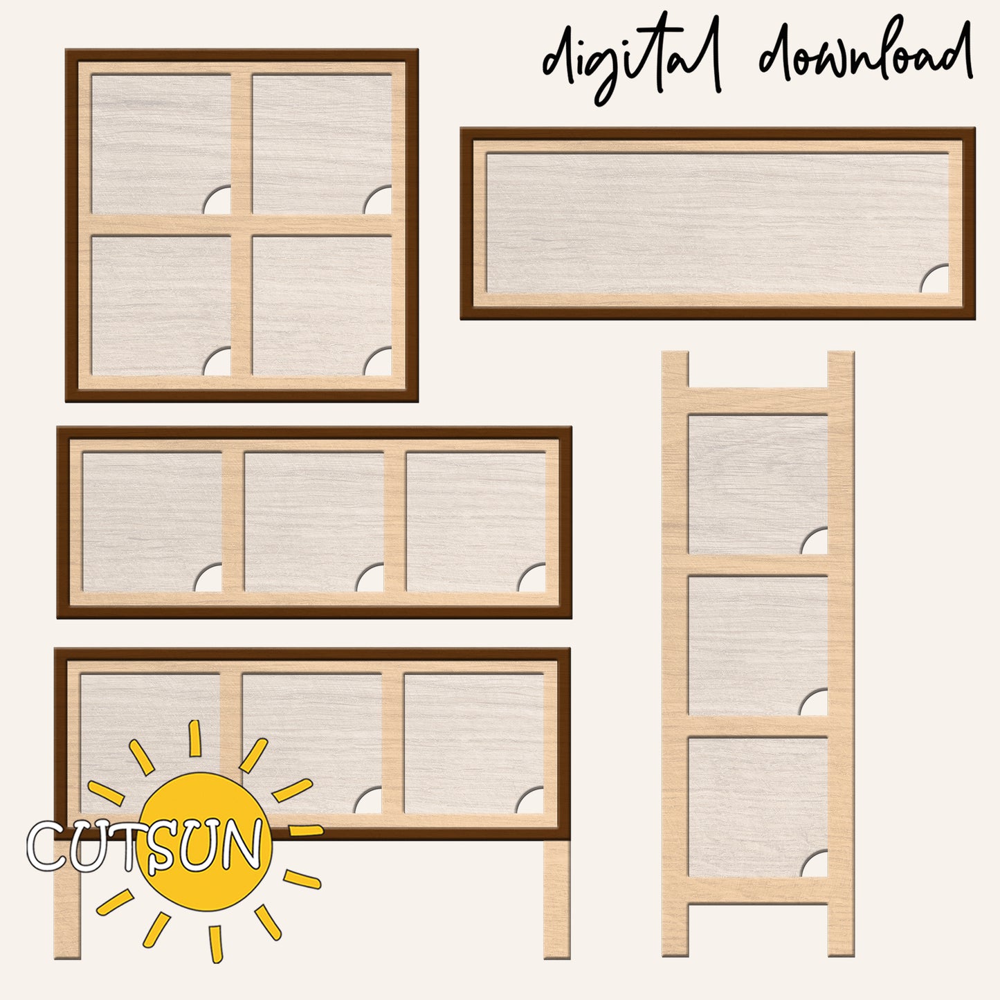 Set of window frame designs with a digital download label and Cutsun logo.