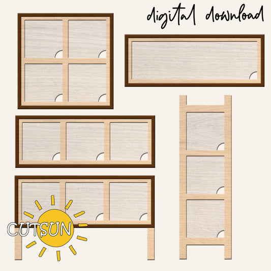 Set of window frame designs with a digital download label and Cutsun logo.