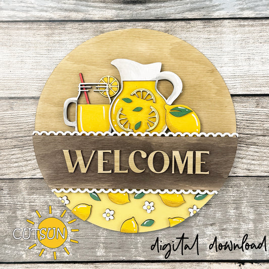Lemonade interchangeable round sign add-on with lemon pitcher mason jar glass and lemon slices layered summer door hanger design