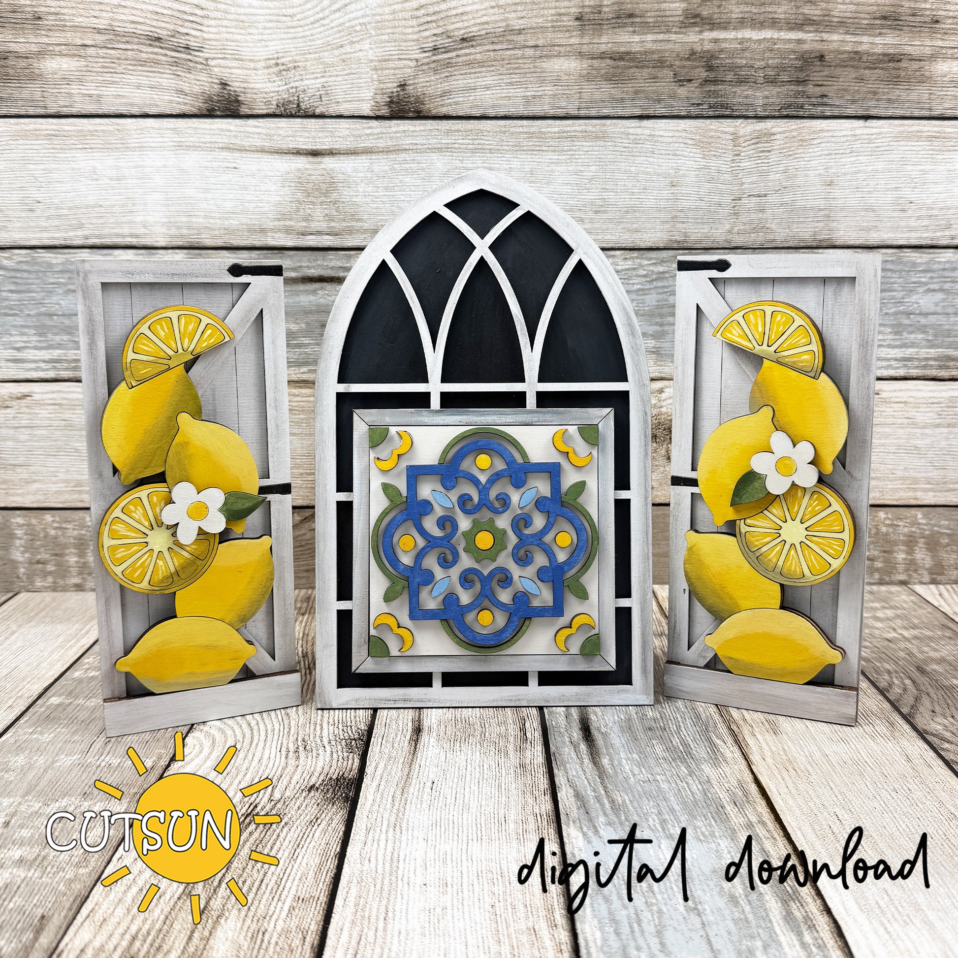 Lemon farmhouse window interchangeable add-on with layered lemons, slices and floral accents for summer decor
