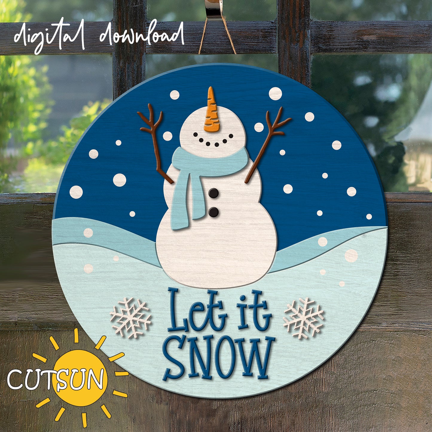 Digital download for a winter themed door hanger featuring a cute snowman looking up and enjoying the snowfall, and the text 'Let it snow'.