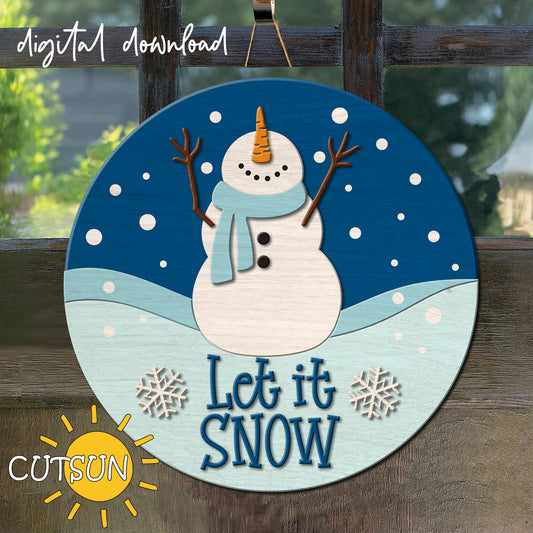 Digital download for a winter themed door hanger featuring a cute snowman looking up and enjoying the snowfall, and the text 'Let it snow'.