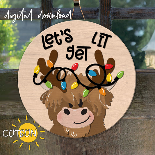 Highland Cow Let's Get Lit Door Hanger SVG | Christmas lights door hanger SVG Laser cut file