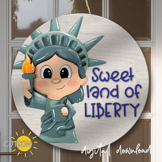 Cartoon character resembling the Statue of Liberty with 'Sweet land of Liberty' text on a circular sign.