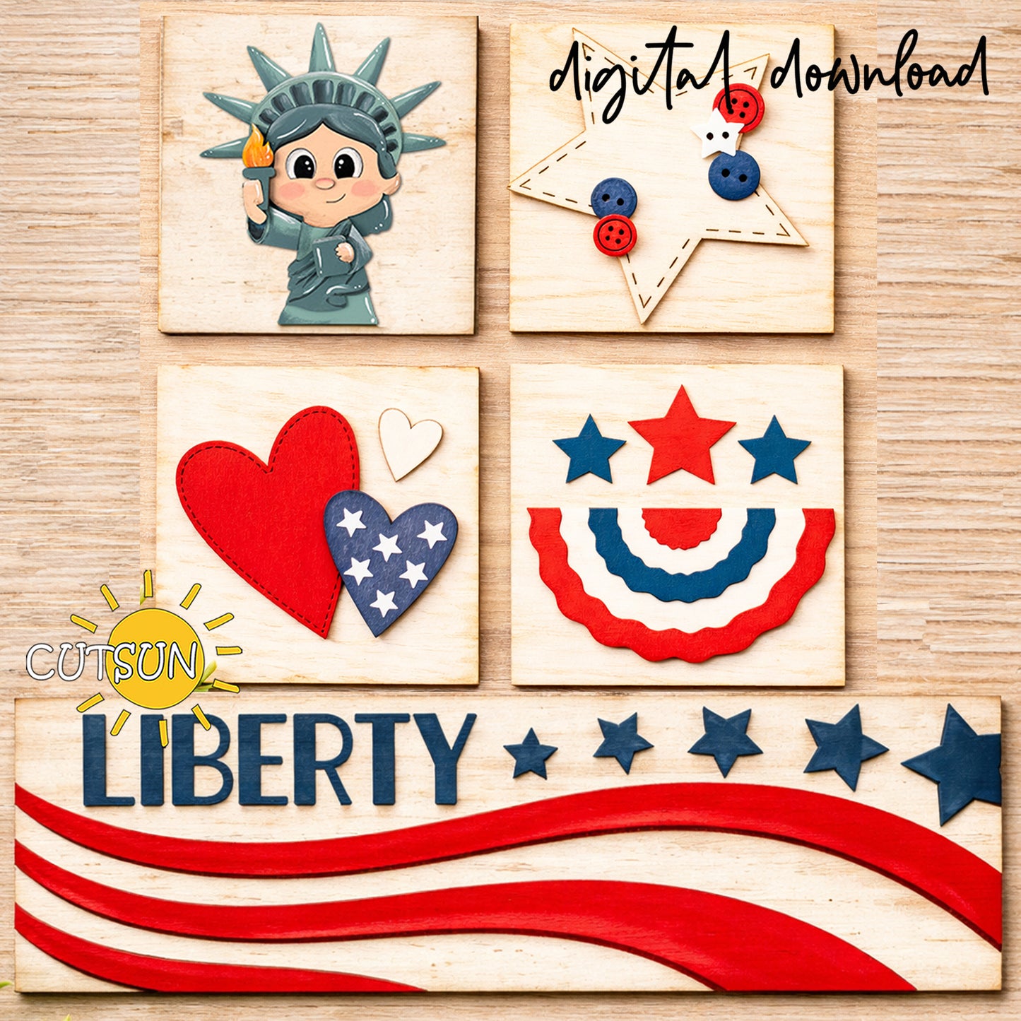 Set of wooden cutouts with patriotic designs on a wooden surface, featuring the Statue of Liberty and American flag elements.