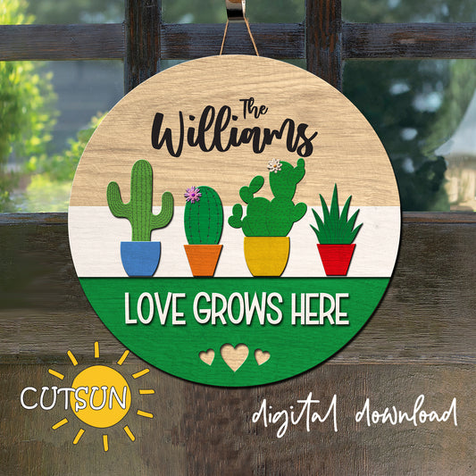 Digital download for a door hanger featuring four cactuses in plant pots and the text 'Love grows here'