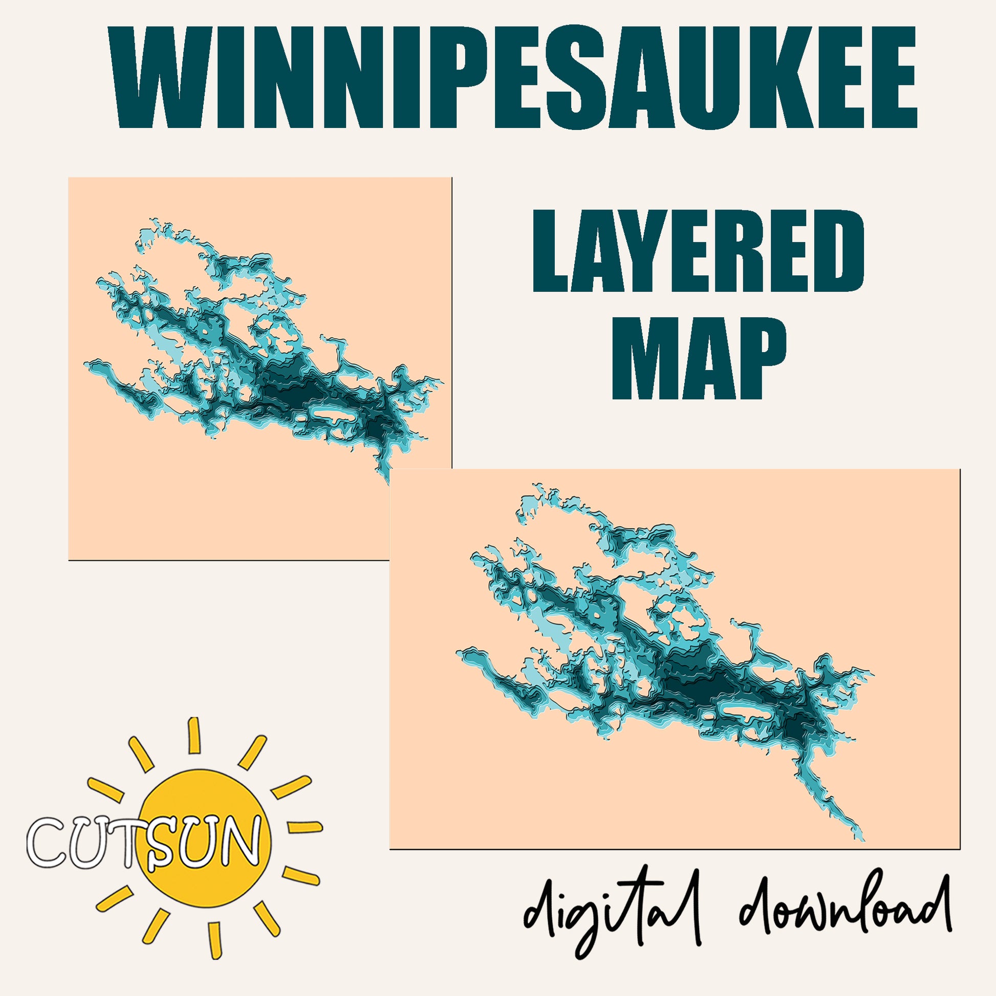 Layered map of Winnipesaukee with 'Cutsun' logo and text indicating digital download.