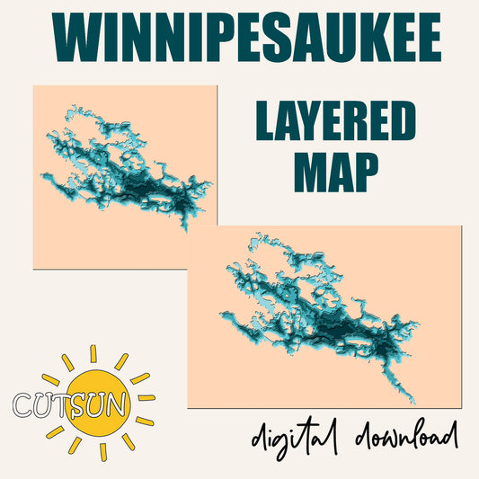 Layered map of Winnipesaukee with 'Cutsun' logo and text indicating digital download.