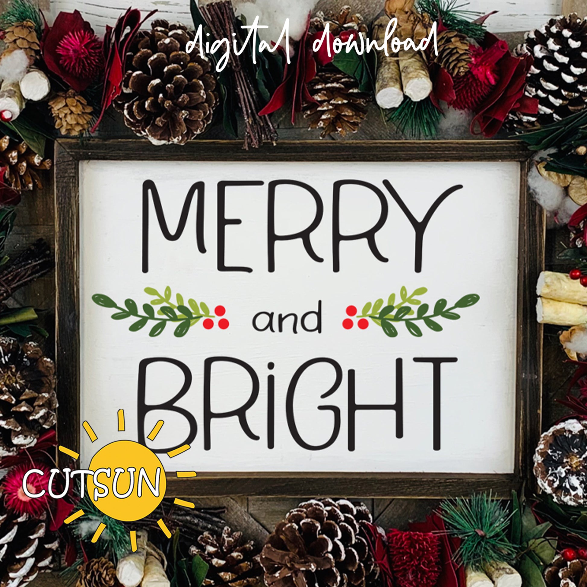 Decorative sign with 'Merry and Bright' text surrounded by Christmas-themed elements.