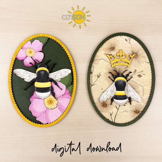 Two interchangeable bee add-on designs for a vintage oval frame, featuring layered bumblebees with floral accents and an engraved-style botanical background.