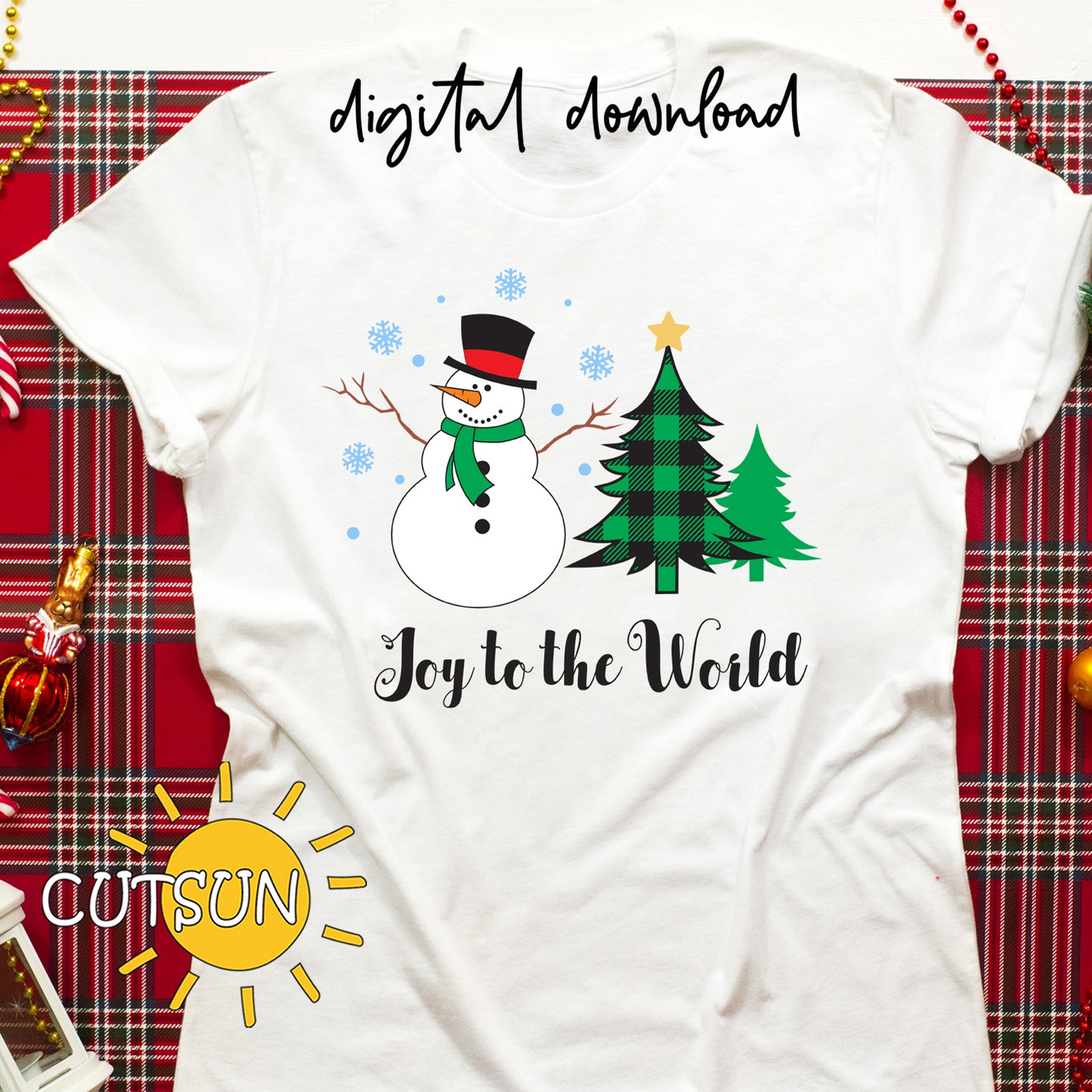 Snowman staying next to Christmas trees, surrounded by snowflakes and with the text "Joy to the world"