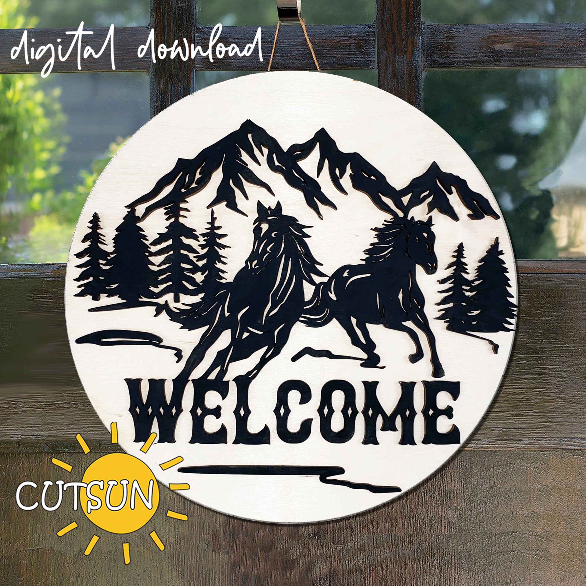 Running Horses door hanger SVG file featuring wild horses in a circular farmhouse welcome sign design, compatible with laser cutters, Cricut, and Silhouette.
