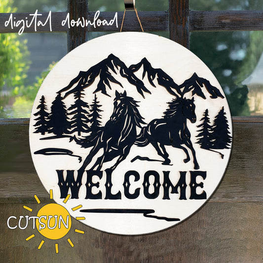Running Horses door hanger SVG file featuring wild horses in a circular farmhouse welcome sign design, compatible with laser cutters, Cricut, and Silhouette.
