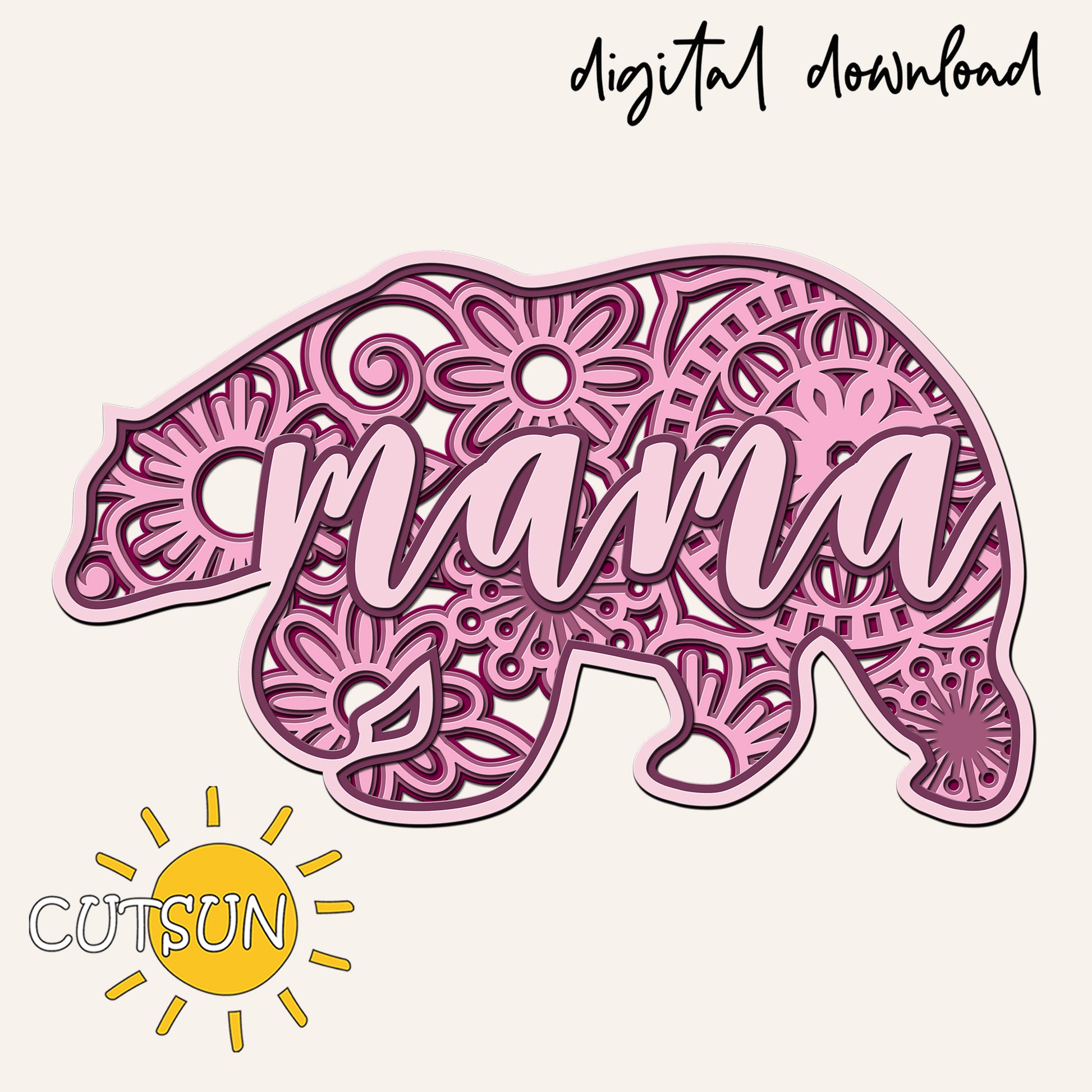 Decorative design of a bear silhouette with floral and mandala elements and the text 'mama'