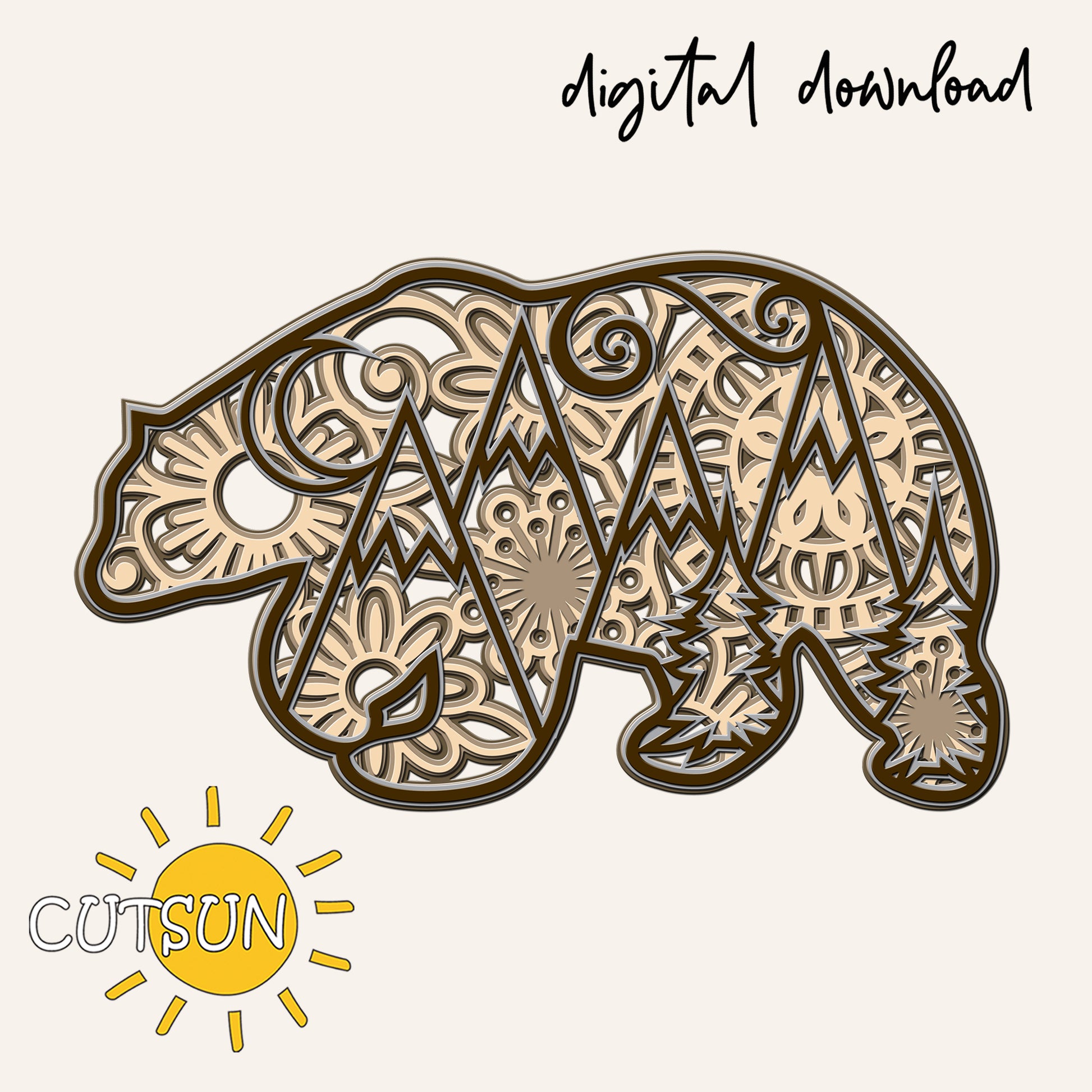 Decorative bear design with intricate patterns on a beige background, featuring the Cutsun logo.