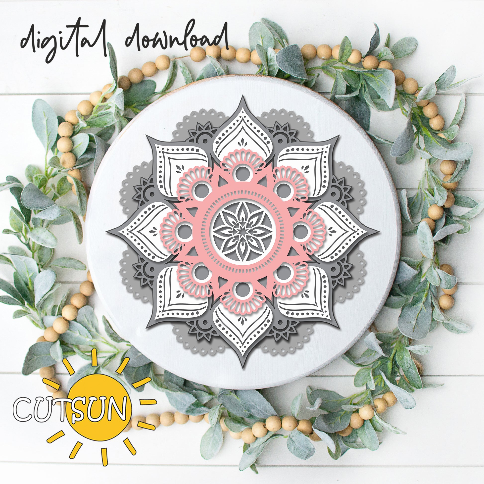 Digital download of a mandala design with decorative elements on a white background