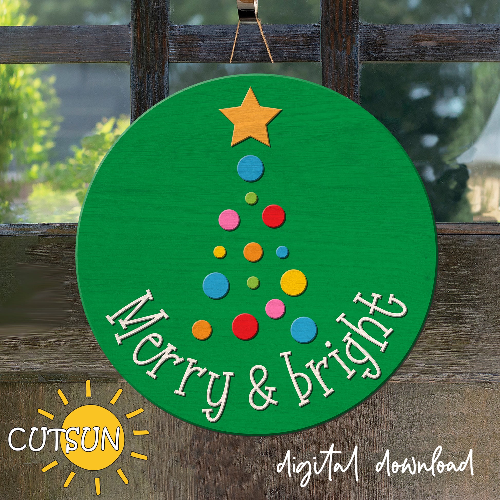 Decorative Christmas tree sign with colorful dots and a star on a green background, featuring the brand 'CUTSUN'.