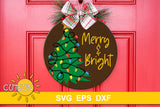 Merry and bright door hanger with a Christmas tree with lights
