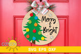 Merry and Bright door hanger featuring a Christmas tree with colourful baubles and the words Merry and bright in a fun font, accompanied by beautiful snowflakes - digital download for lasers or craft cutting machines