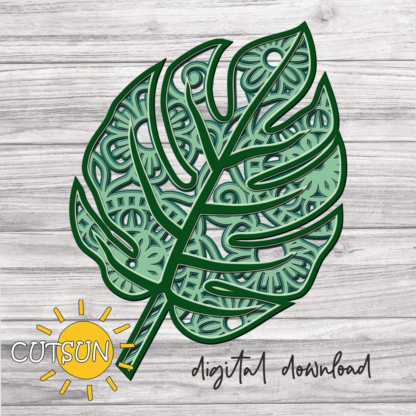 Layered Monstera leaf with mandala elements digital download for use with Cricut / Silhouette craft cutting machines or laser cutters.
