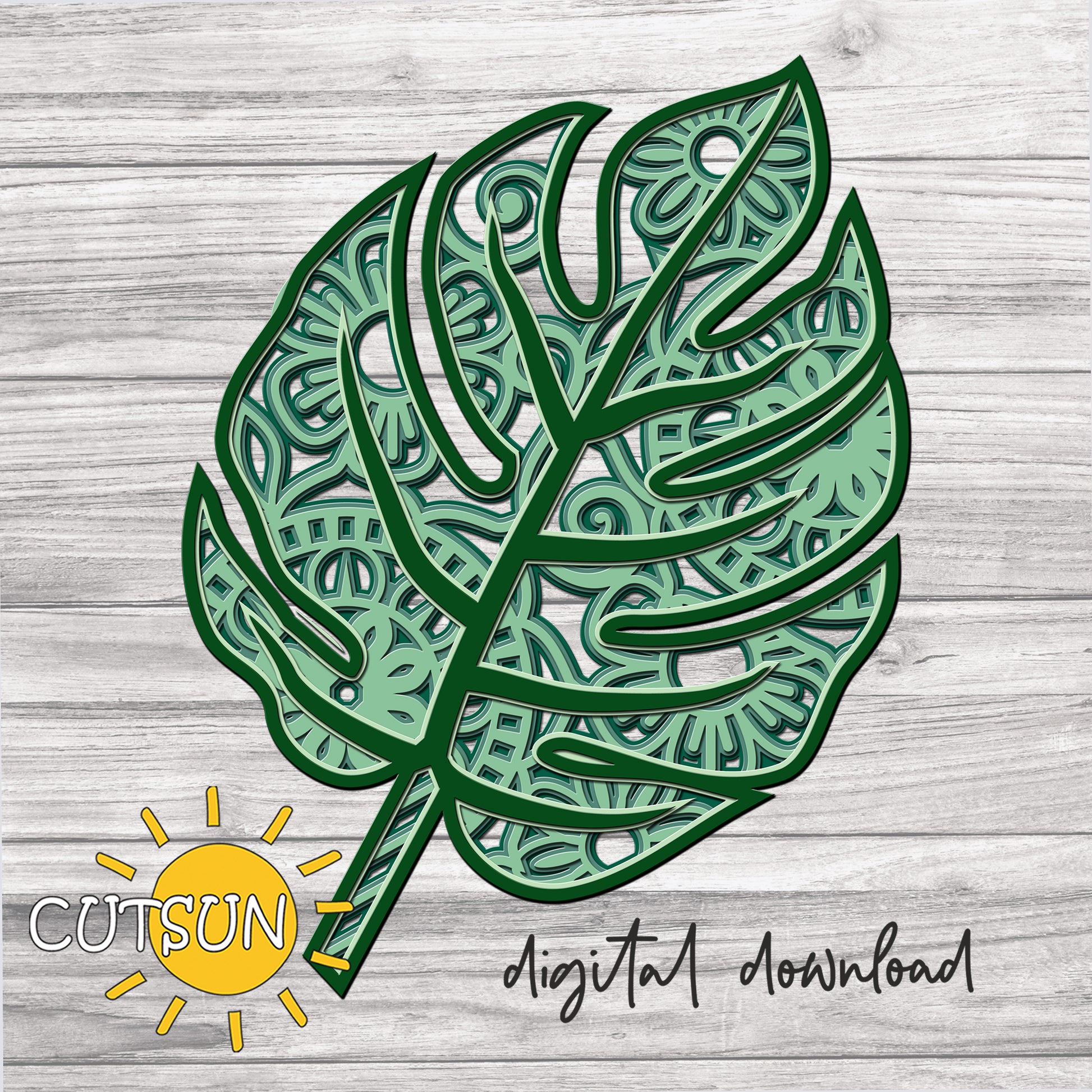 Layered Monstera leaf with mandala elements digital download for use with Cricut / Silhouette craft cutting machines or laser cutters.