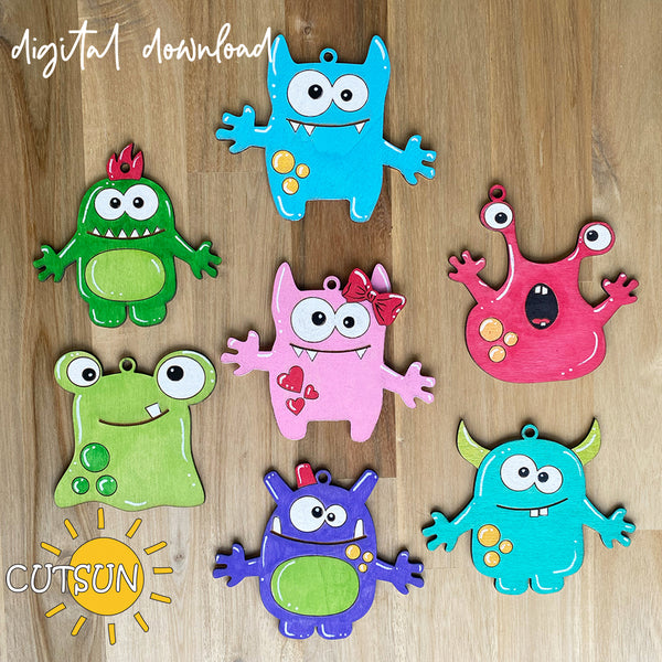 Cute Monsters ornaments SVG Bundle | Cute monsters charms / magnets SVG bundle - laser cut file