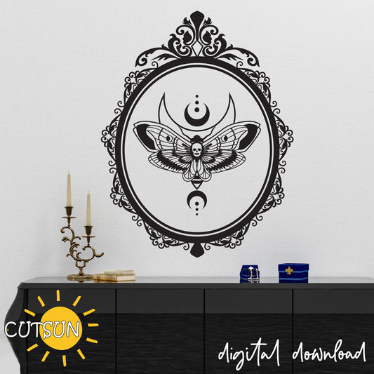 A digital download of a Death Moth with Crescent design, featuring an ornate oval frame, displayed on a wall.