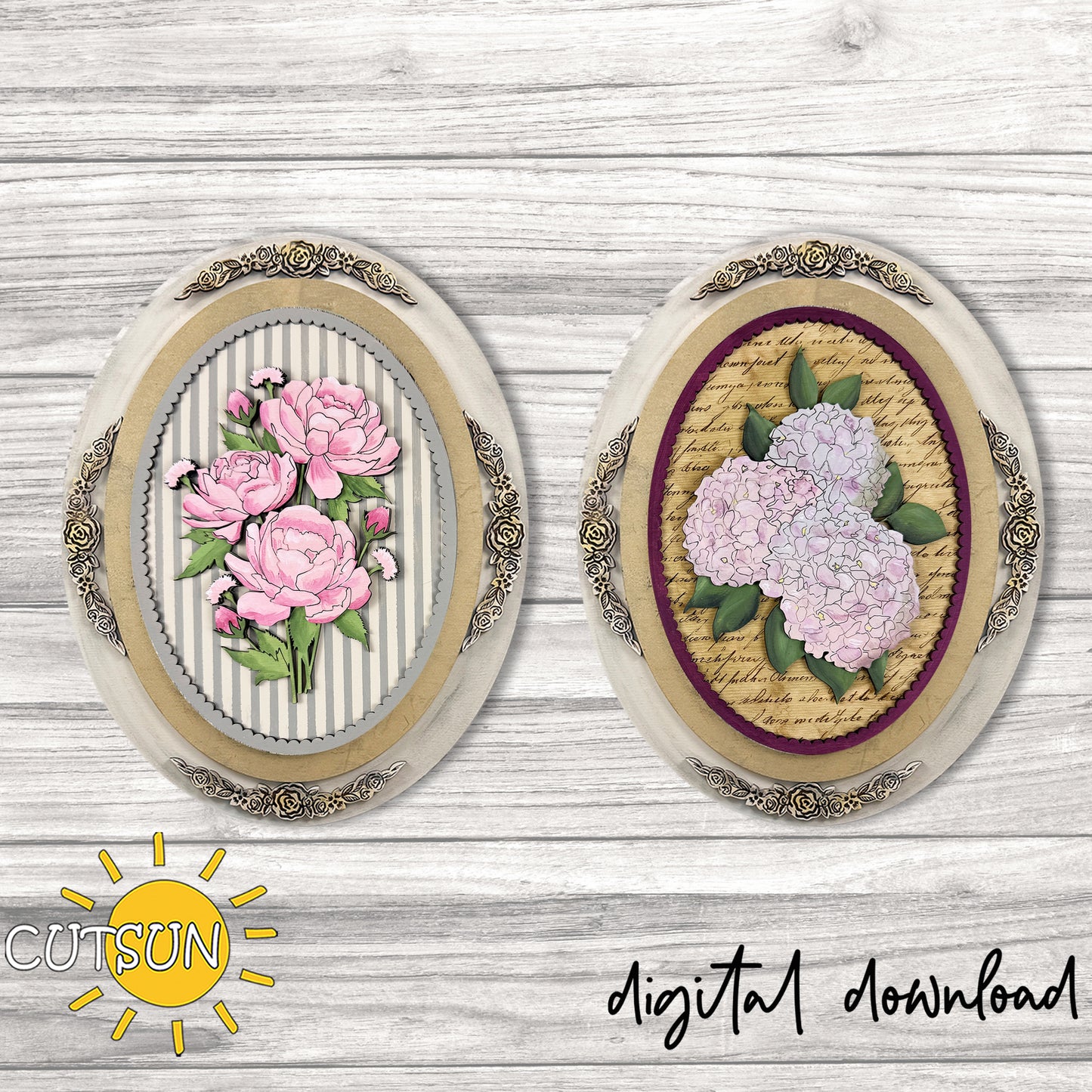 Interchangeable vintage oval frame floral add-on featuring peonies and hydrangeas with included engraving raster background and stencil background cut file.
