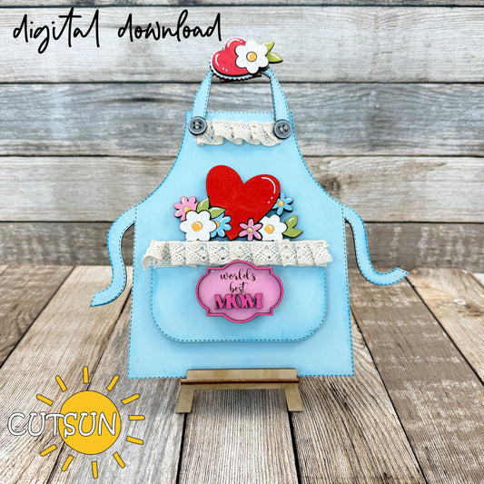 Mother’s Day laser cut file with heart, flowers, and World’s Best MOM/MUM plaque for apron shelf sitter