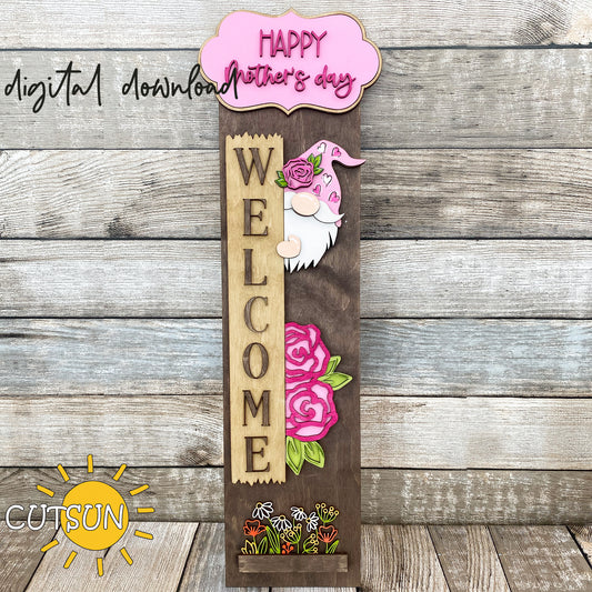 Mother’s Day porch sign SVG with gnome, heart hat, roses, wildflowers and Happy Mother’s Day plaque – for laser cutters with interchangeable leaner.
