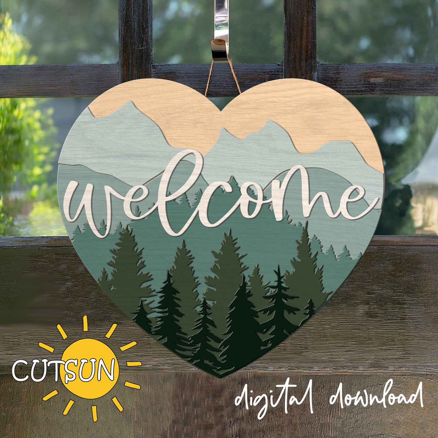 Mountain heart door hanger SVG forest and mountains welcome sign laser cut digital file