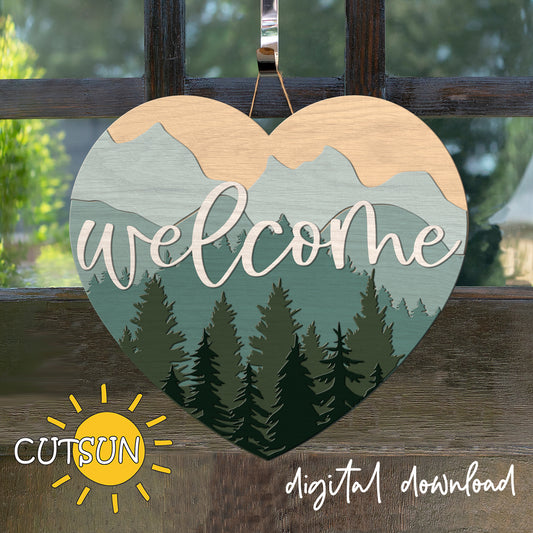 Mountain heart door hanger SVG forest and mountains welcome sign laser cut digital file