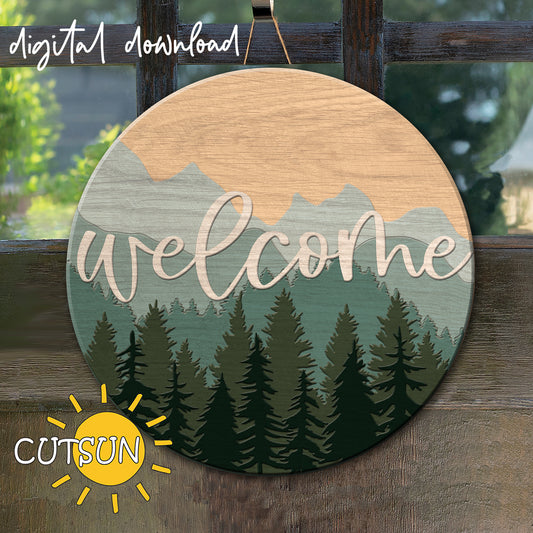 Door hanger featuring a layered image of mountains and woods - digital download for laser cutting