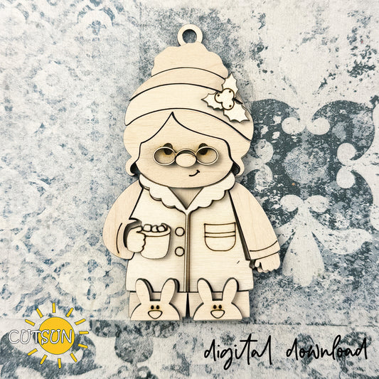 Mrs. Claus in Pajamas Ornament SVG – Christmas Laser Cut File