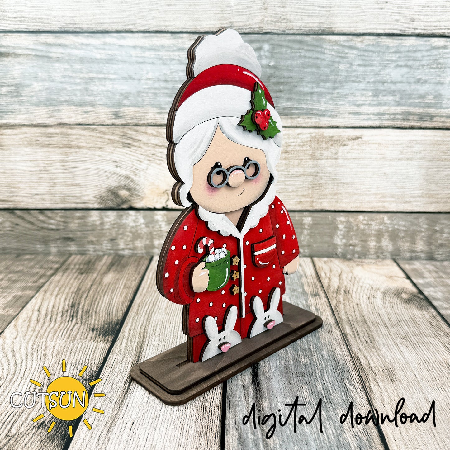 Mrs. Claus in Pajamas Shelf Sitter SVG – Christmas Laser Cut File