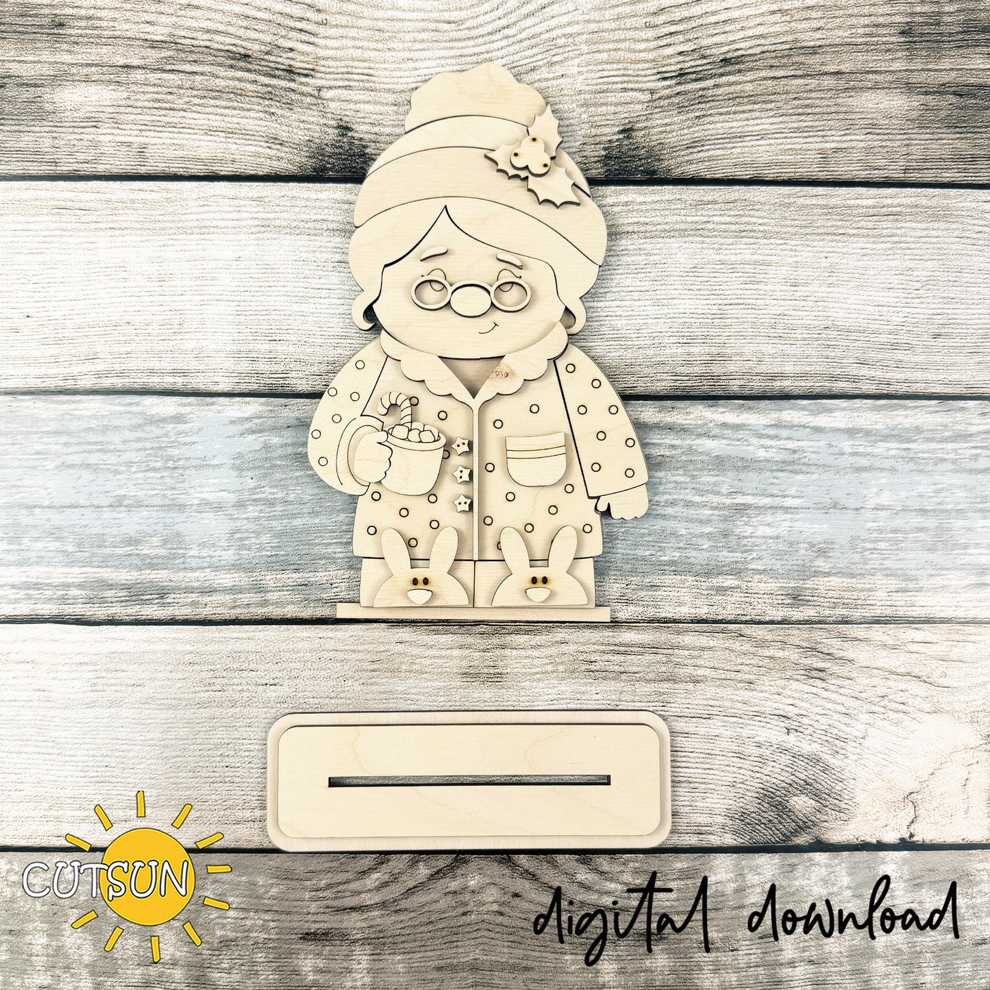 Mrs. Claus in Pajamas Shelf Sitter SVG – Christmas Laser Cut File