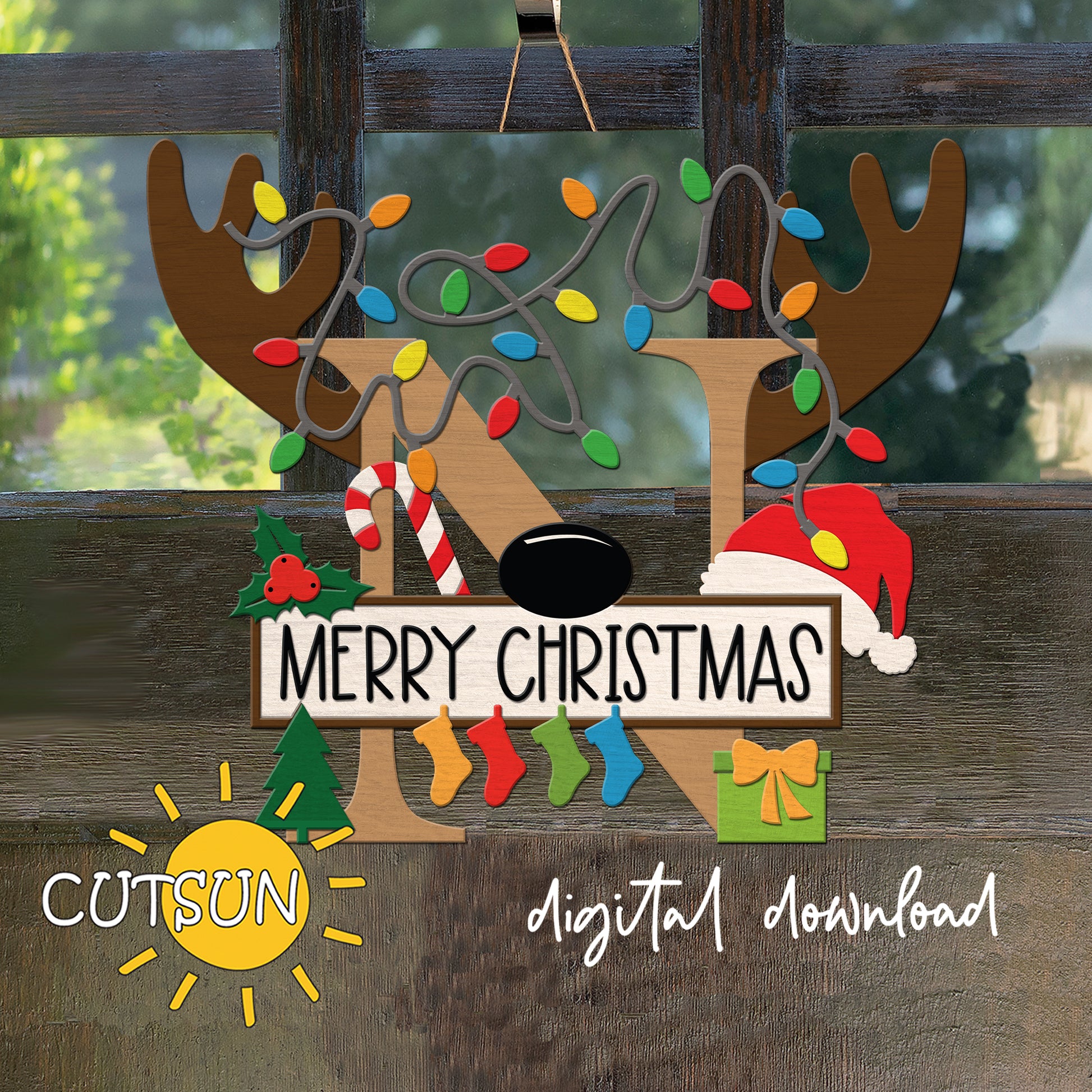Laser cut Christmas door sign - monogram letter N with antlers, Christmas lights, candy cane, holly berry, a Christmas tree, a present, Santa hat and four stockings.