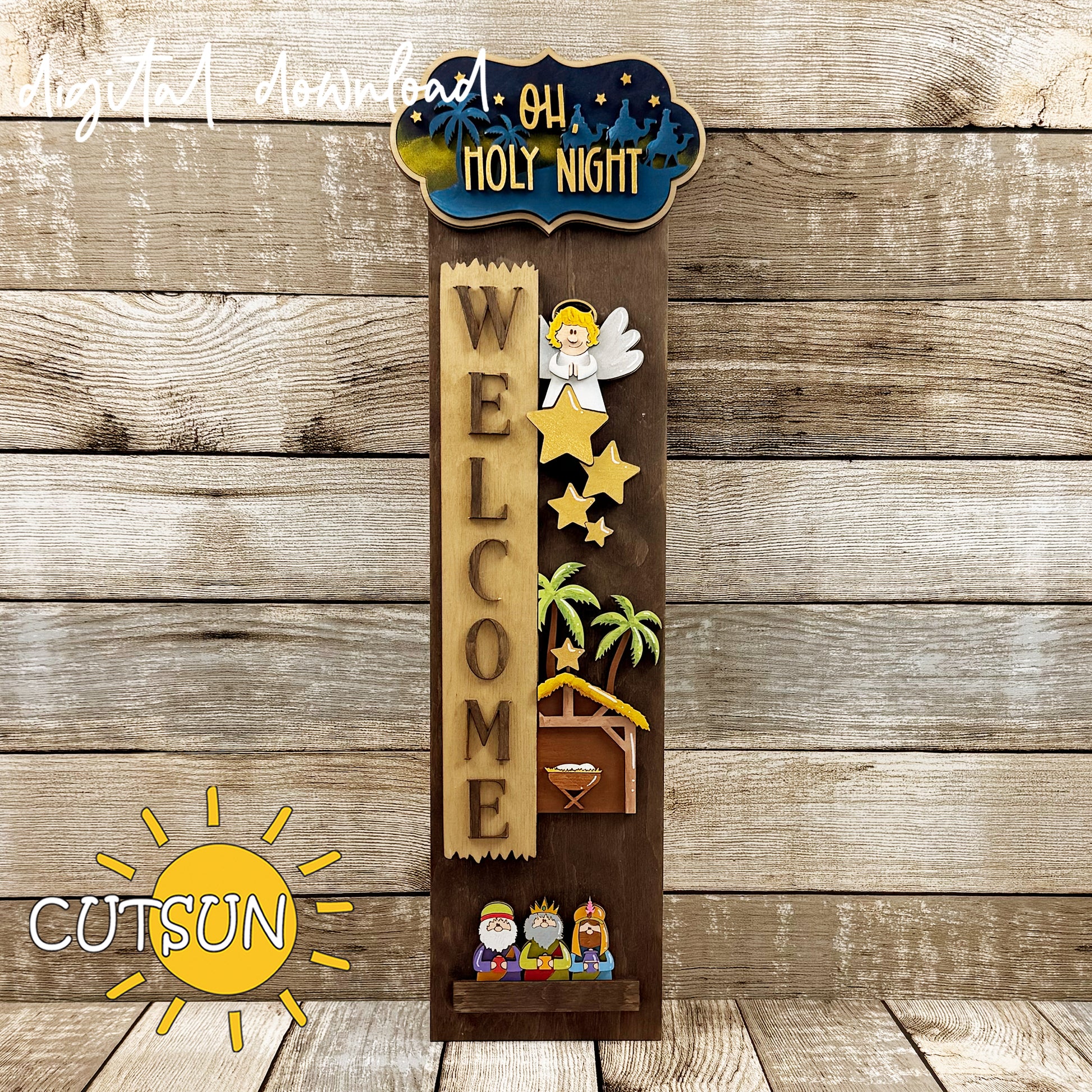 Nativity Porch Sign SVG add-on featuring angel, manger scene and three wise men for interchangeable vertical Christmas porch leaner
