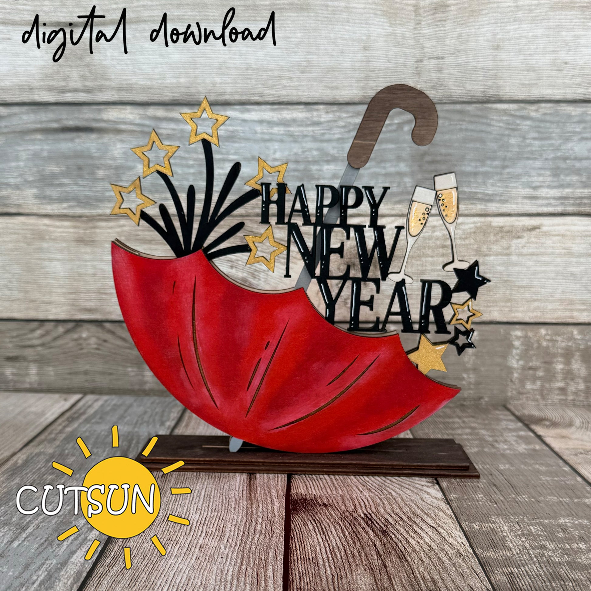 Layered New Year Add-On for Upside Down Umbrella Shelf Sitter – Happy New Year SVG laser cut file with stars and champagne glasses for festive decor.
