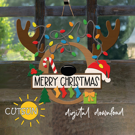Laser cut Christmas door sign - monogram letter O with antlers, Christmas lights, candy cane, holly berry, a Christmas tree, a present, Santa hat and four stockings.