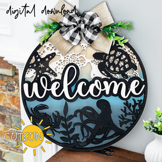 Layered ocean welcome sign SVG with turtle, octopus and coral – laser cut file for Glowforge or xTool