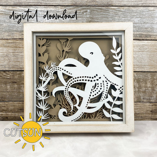 Layered octopus shadow box SVG with coral reef and sea plants – laser cut file for Glowforge and xTool