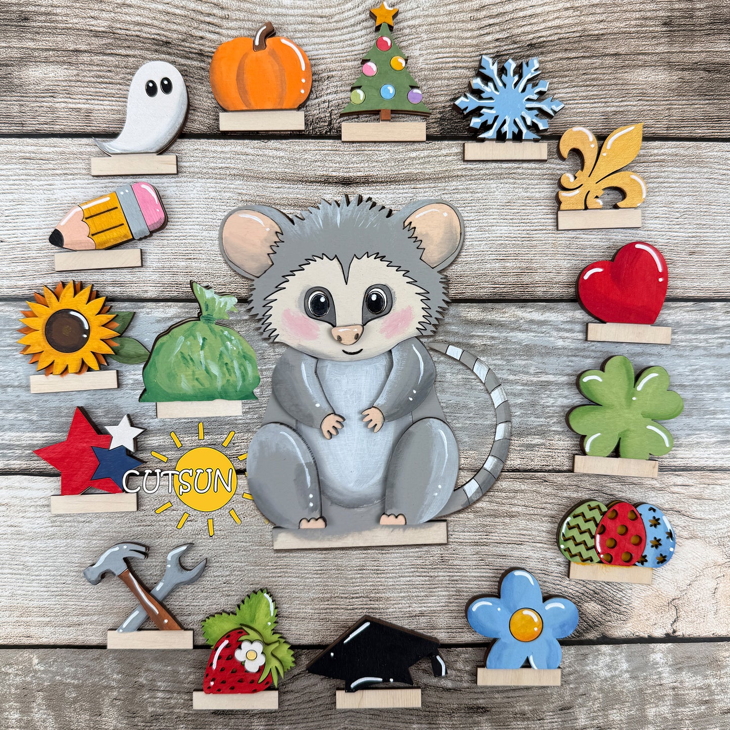 Opossum Shelf Sitter SVG – Interchangeable Woodland Animal Laser Cut File – Mini Shelf Decor Digital Download