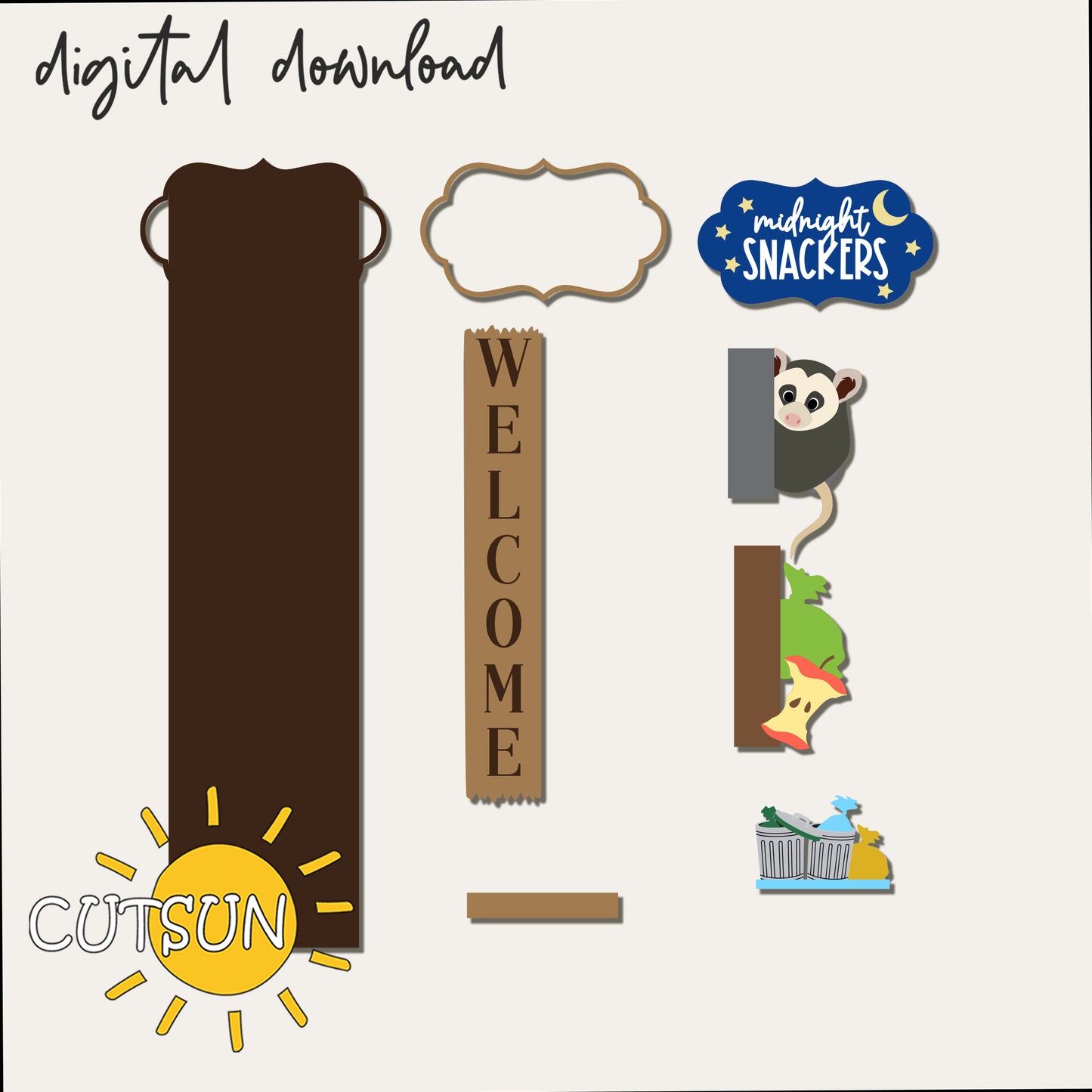 Midnight Snackers Add-On SVG for Vertical Porch Leaners | Opossum Trash Laser Cut File | Interchangeable Welcome Sign Décor
