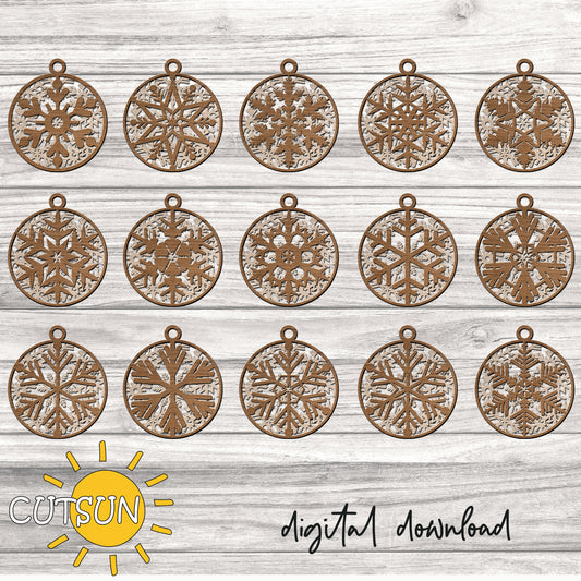 Set of snowflake-shaped cutout designs on a wooden surface with 'CUTSUN' branding.