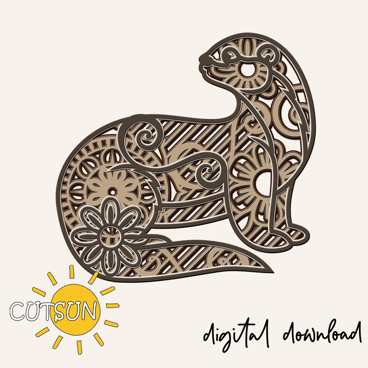 Decorative laser cutout of a squirrel with intricate patterns on a beige background, featuring the Cutsun brand.