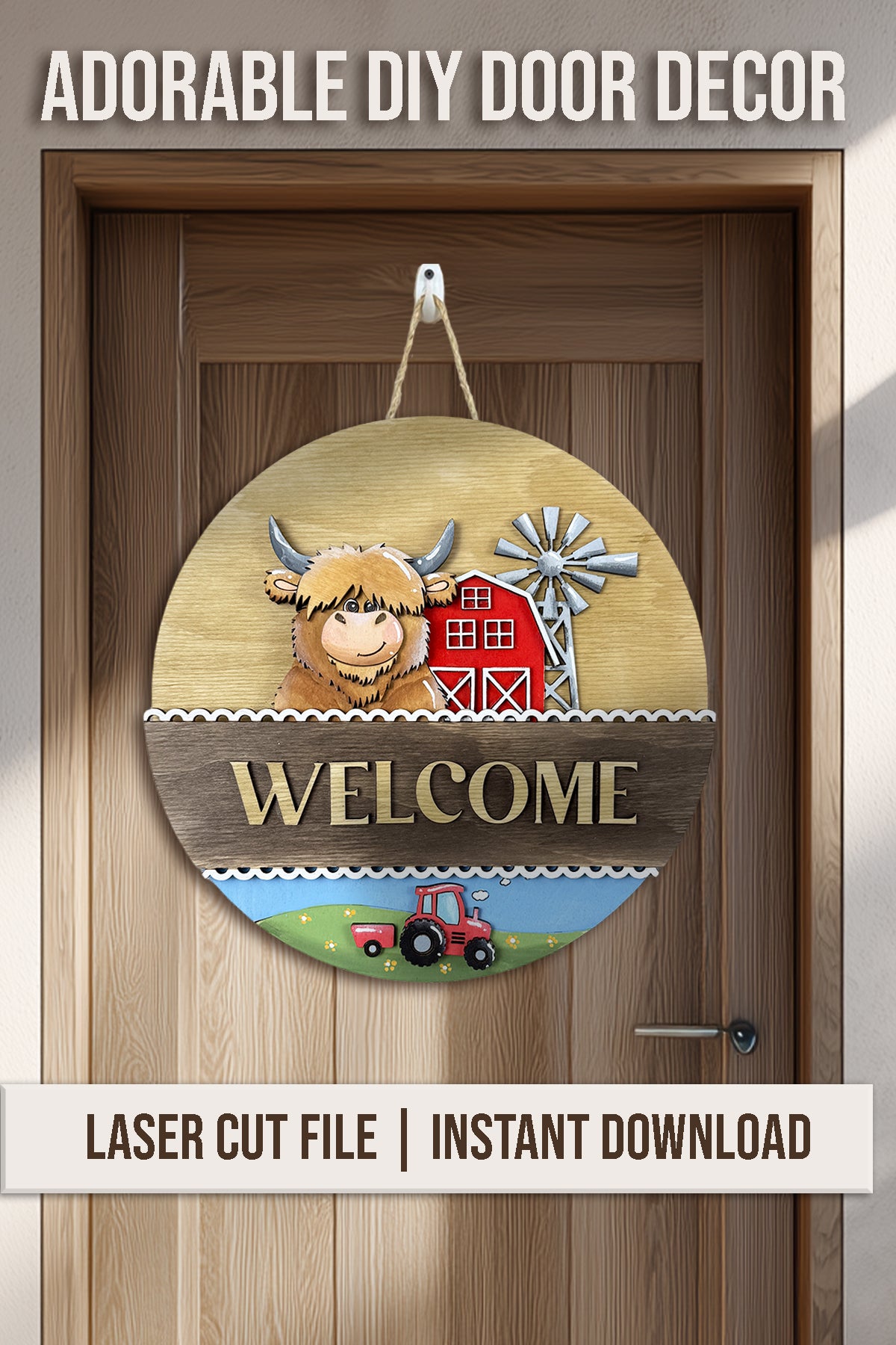 Highland Cow Farm Add-On SVG for Interchangeable Round Sign | Barn Windmill Door Hanger Insert Laser Cut File
