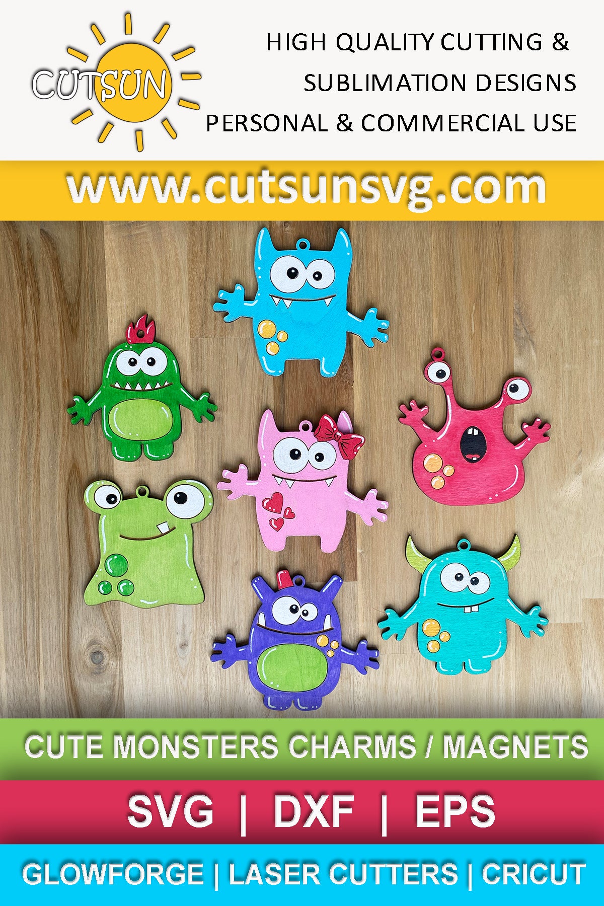 Cute Monsters ornaments SVG Bundle | Cute monsters charms / magnets SVG bundle - laser cut file